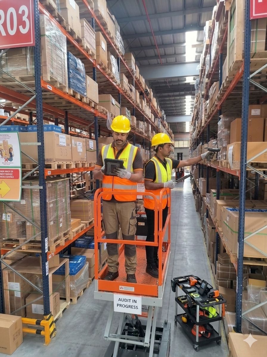 Warehouse rack safety audit in progress with trained technicians